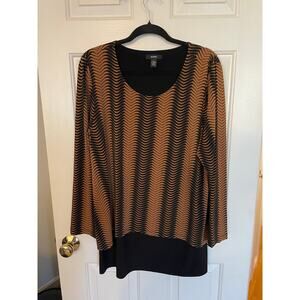Alfani Womens Blouse XXL Wavy Stripes Geometric Long Sleeve Stretch Brown Black